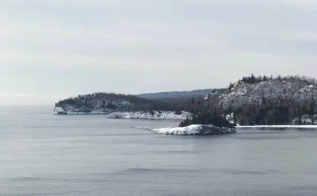 split rock light house view in winter