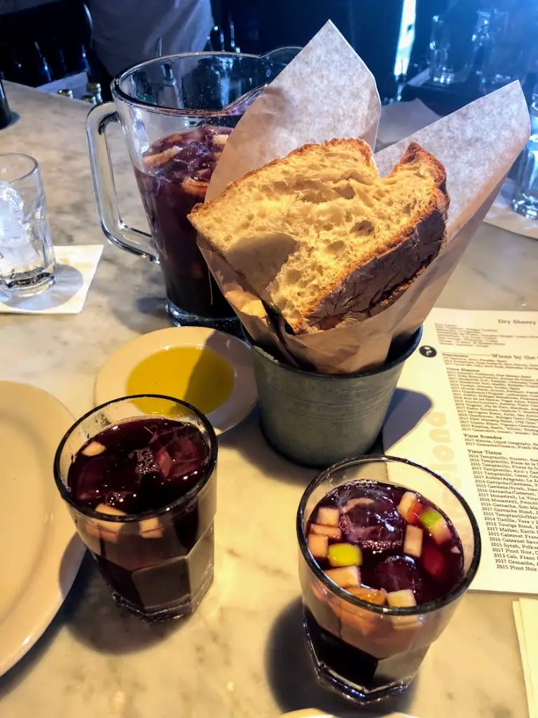 sangria and bread with oil at barcelona wine bar