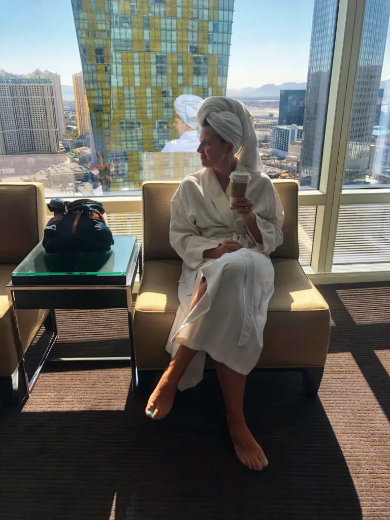 girl in a robe at the aria in las vegas