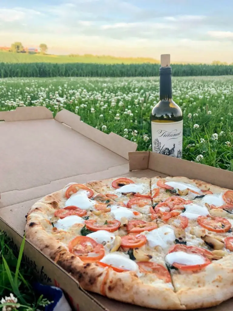 Marghertia pizza and wine at one of the Best Pizza Farms in Minnesota Red Barn Farm